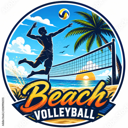 Beach volleyball player jumping to hit the ball on a sunny tropical ocean shore