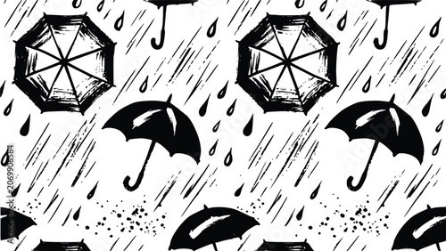 Fotografía Black and white vector illustration of umbrellas on a rainy day with raindrops a