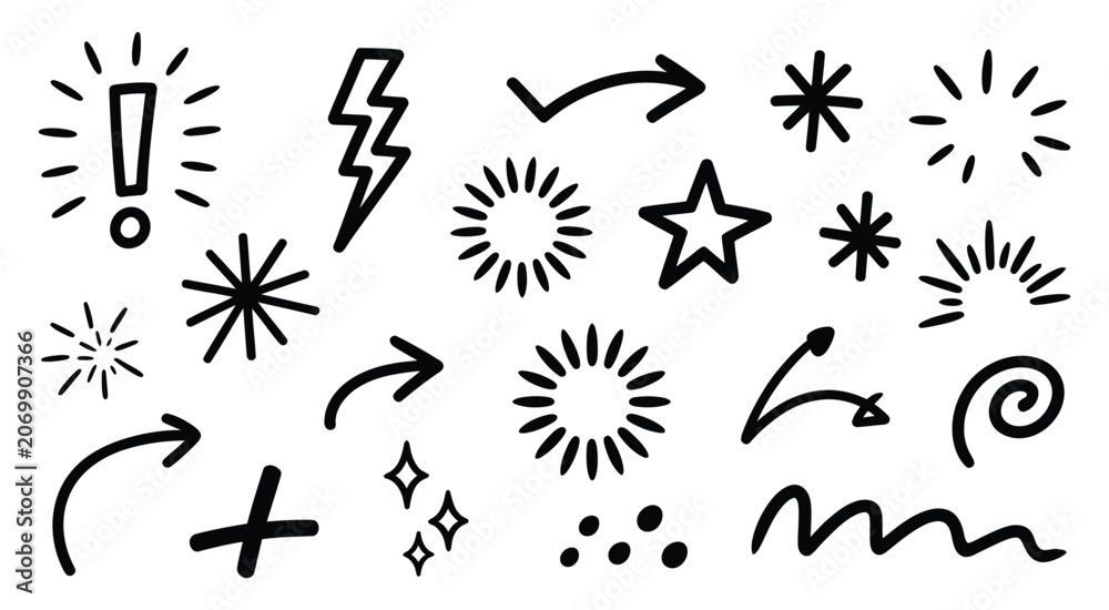 © - Crayon drawn attention symbols and doodle emphasis marks collection, hand drawn sparkle bursts, comic rays, sketch highlight signs, manga starburst shapes, vector illustration eps 10. © - Crayon drawn attention symbols and doodle emphasis marks collection, hand drawn sparkle bursts, comic rays, sketch highlight signs, manga starburst shapes, vector illustration eps 10.
