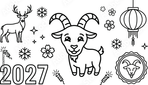 Photos Chinese New Year 2027 Year of Goat Vector Set for Coloring Book Designs