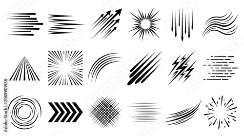 Graphic elements offer a diverse collection of symbols to depict speed and direction in illustrations.