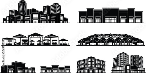 Commercial Building Silhouette Collection with Retail Stores Apartments and Urban Developments