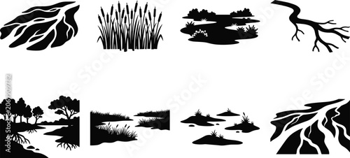 Wetland and River Landscape Silhouette Collection with Natural Ecosystem Elements