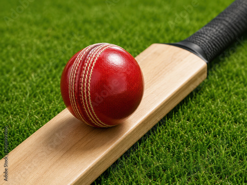Red cricket ball resting on a wooden bat on a green grass field for a match