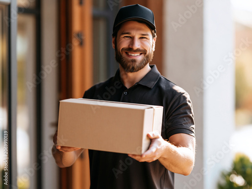 Delivery Man Holding Package at Front Door