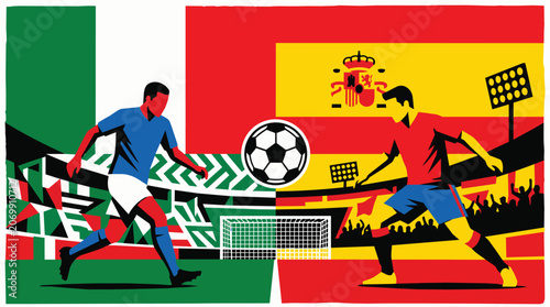 Two male soccer players, one representing Italy and the other Spain, are actively engaged in a football match, with a soccer ball between them.
