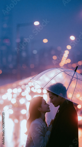 Couple Kissing Under Umbrella in Rain