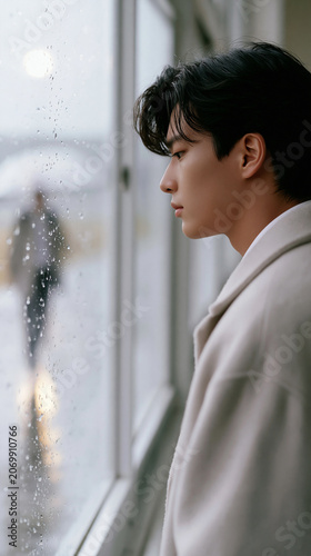 Man Looking Through Rainy Window in White Coat