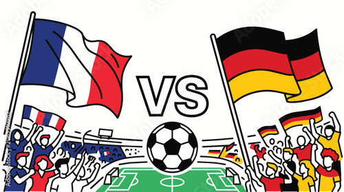 Illustration of a football match between France and Germany, featuring national flags and cheering crowds.