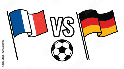 Illustration of the French and German flags waving with a soccer ball and VS text in the middle representing a match