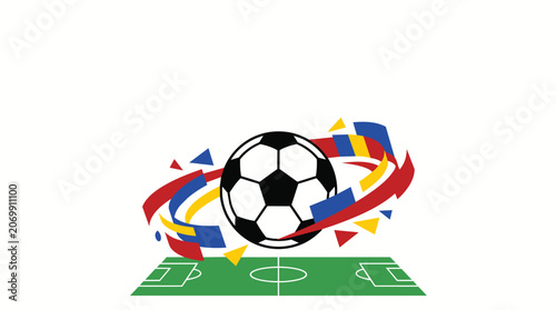 A classic black and white soccer ball is centered above a green soccer field, surrounded by dynamic, abstract colorful shapes and arrows.