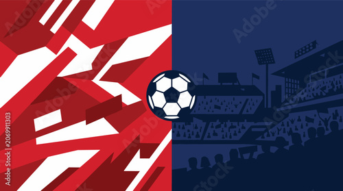 A classic black and white soccer ball is centrally placed, dividing a vibrant abstract red pattern on the left from a dark, blurred stadium scene on the right.