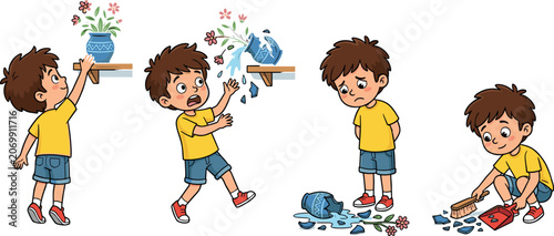 Sequential Comic Strip of Cute Boy Breaking Flower Vase from Shelf and Cleaning up Shards Vector Illustration for Educational Storyboard