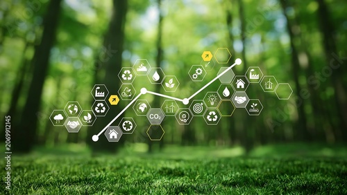 A graph illustrating environmental data superimposed over a serene forest landscape with lush green trees and grass