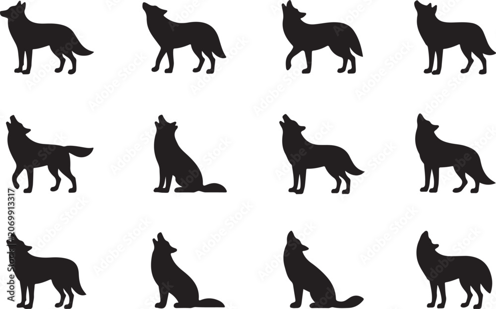 Obraz premium Wild Wolf Silhouette Set with Standing and Howling Poses for Coyote Jackal and Forest Wildlife Design Illustration