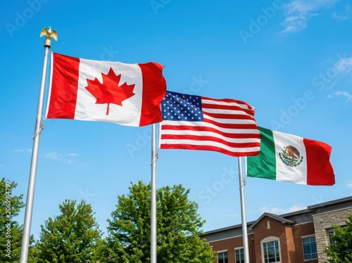 Flags of canada, the united states, and mexico flying together on flagpoles against a clear blue sky, representing north american cooperation