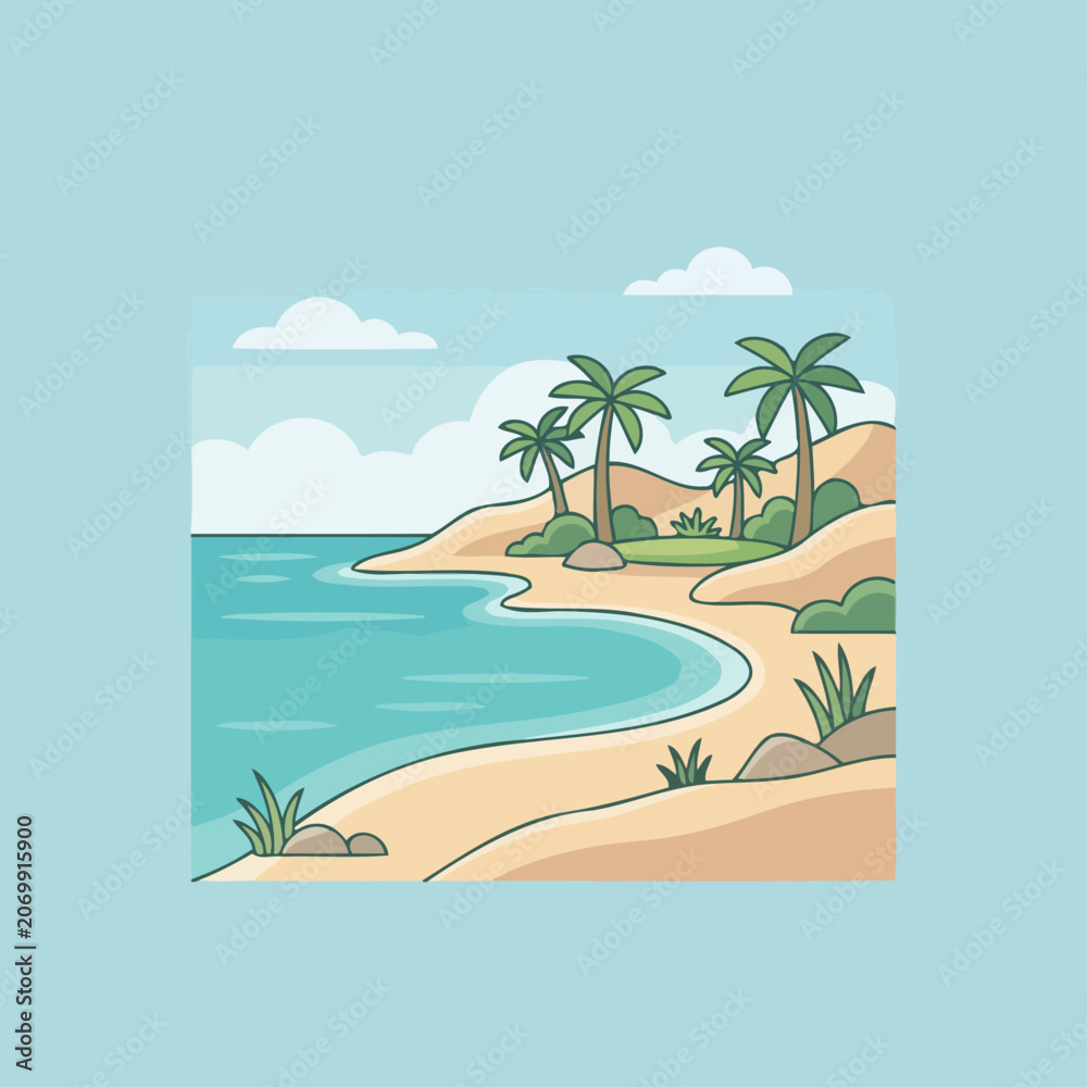 Obraz premium A peaceful tropical beach with palm trees and blue water