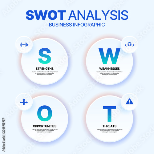 SWOT analysis infographic template design modern neumorphism style. Four circles for strength, weakness, opportunity, and threat with icons, vector illustration