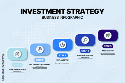 Investment strategy business and planning infographic template with 5 step modern neumorphism style. Design element can be used for marketing report, presentation. Vector illustration