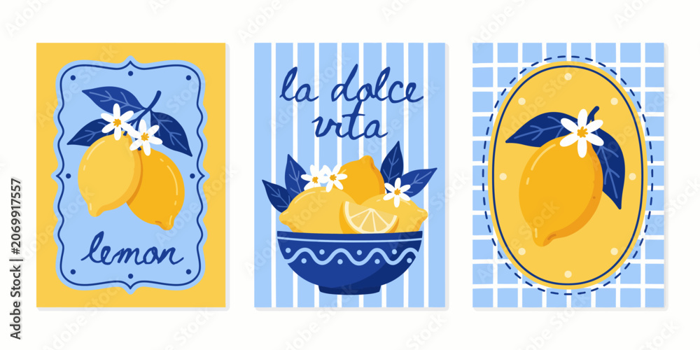 Fototapeta premium Colorful Lemon Illustration Set With Floral Designs