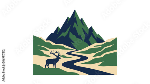 Elk in Mountain Valley Vector Illustration