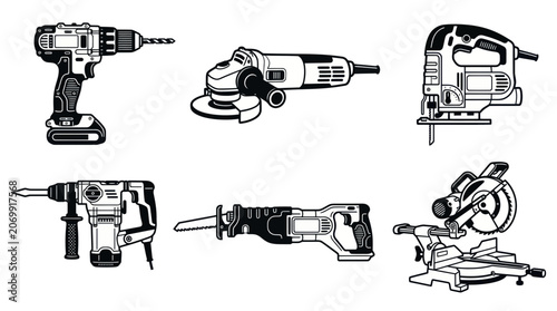 Power tools icons for construction woodworking and home improvement