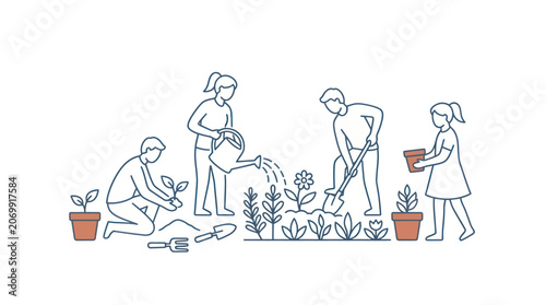 Family Gardening Together Outline Illustration