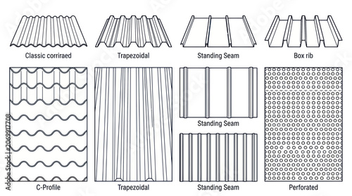 Metal roofing profile types for construction and architecture