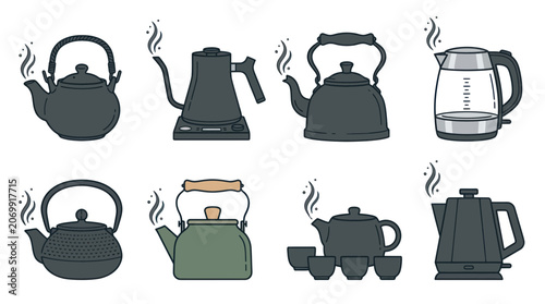 Collection of modern and traditional teapots with rising steam