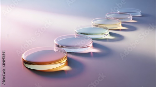A line of Petri dishes, each containing a different colored liquid, arranged on a smooth, reflective surface, with soft light casting long shadows.