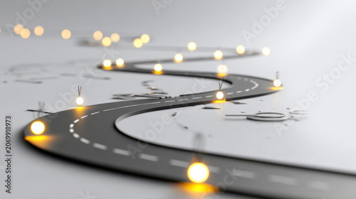 A winding road illuminated by glowing spheres, representing a journey or path forward
