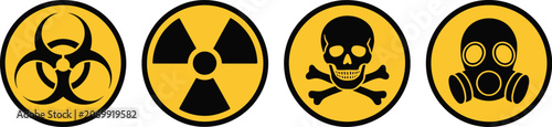 Fotografía Danger, hazard symbols set, yellow warning icons including radiation biohazard toxic and gas mask signs for workplace safety and emergency risk control
