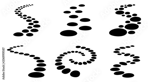 Abstract black stone stepping path vector illustration set featuring various curved and winding geometric shape patterns