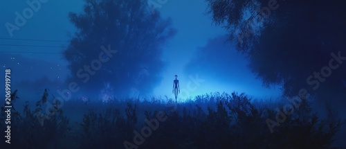 Mysterious figure in foggy blue landscape.