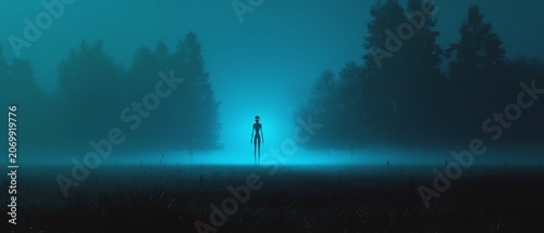 A mysterious figure in a foggy forest scene
