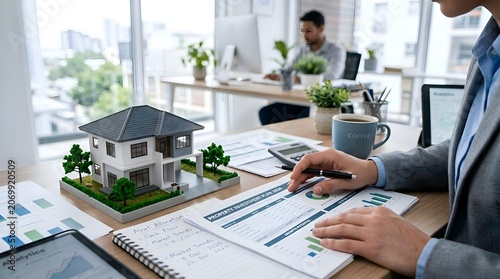 Real estate agent analyzing property investment with miniature house model and charts