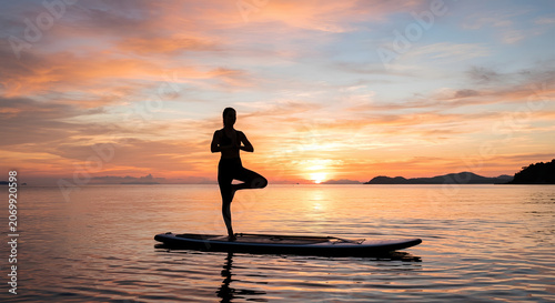 Silhouette of a person practicing yoga on a paddleboard in the ocean at sunset.