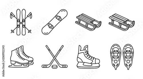 Bild auf Leinwand Winter sport icons including skis snowboard ice skates and sleds