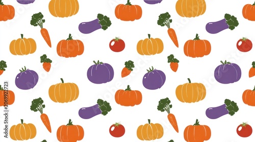 Various colorful autumn harvest vegetables repeat across a white background forming a pattern