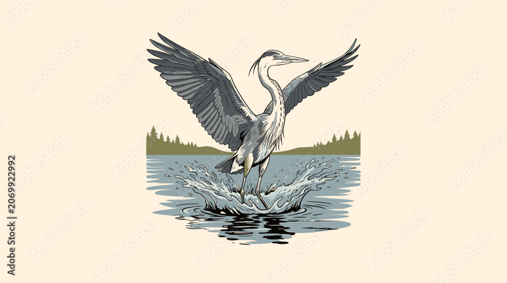 Obraz premium Majestic vintage great blue heron taking flight from lake water with a splash, retro graphic illustration for t-shirt design and lake house branding