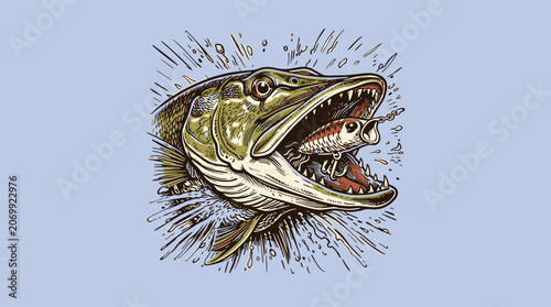 Foto Aggressive Northern Pike striking a fishing lure with open jaws, vintage woodcut engraving illustration for outdoor apparel and bait shop branding