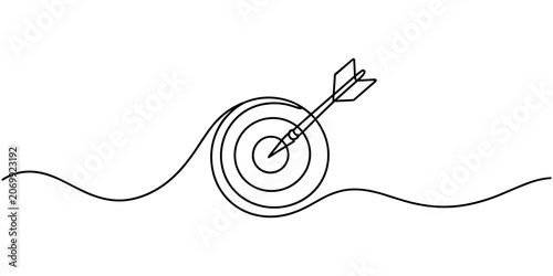 Black line arrow hitting bullseye on target with wavy lines hitting target continuous one line drawing in white background