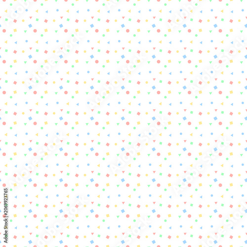 Seamless Pastel Confetti Pattern with Colorful Geometric Shapes on White Background Decorative Design