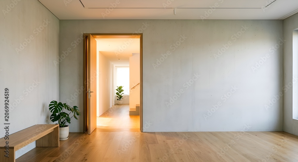 Fototapeta premium Contemporary Interior Hallway with Plants and Wooden Bench