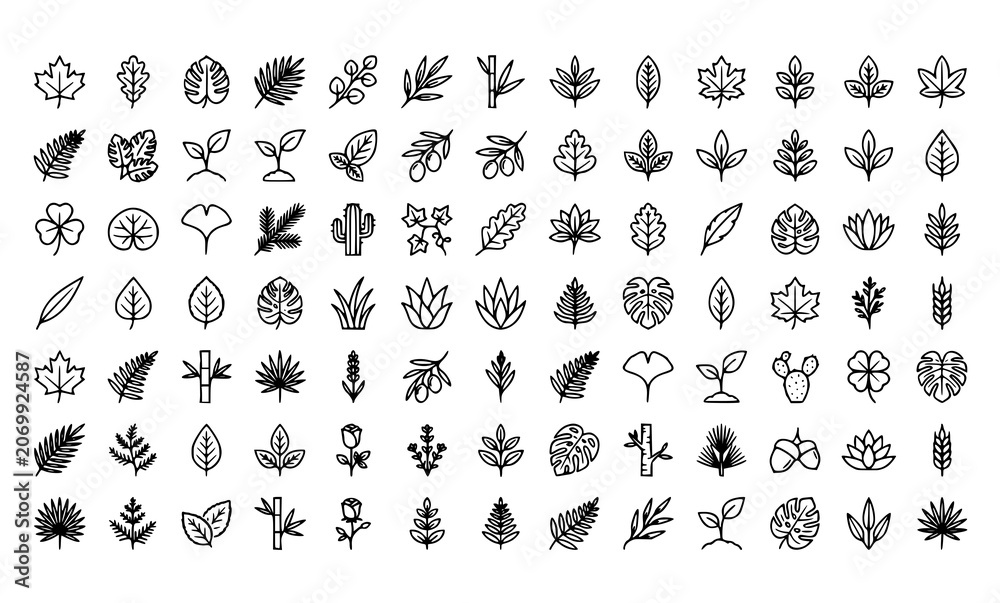 Obraz premium Leaf and Plant Outline Icon Set Natural Botanical Vector Collection