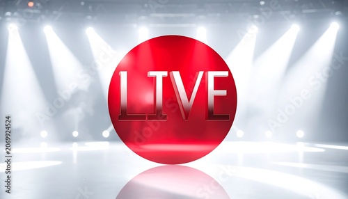A stage lit dramatically by spotlights with a large red circle prominently displaying the word 