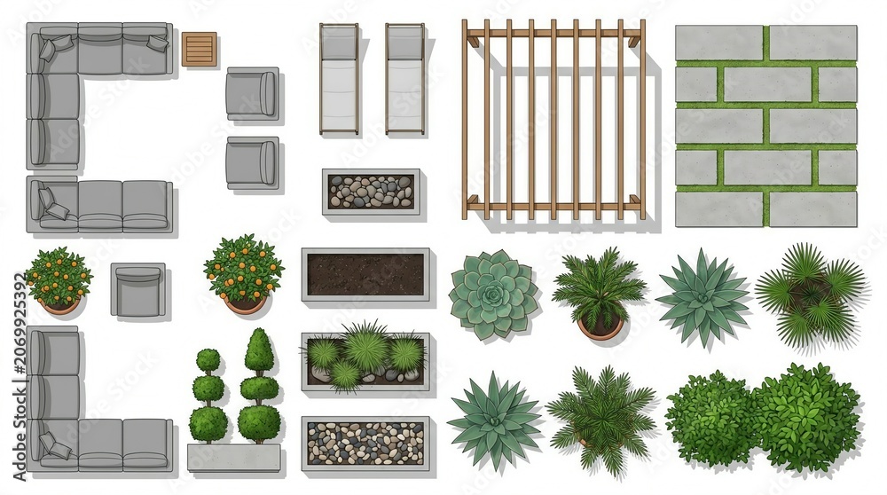 Fototapeta premium Outdoor patio furniture plant illustration set with sofas chairs pergola shrubs decor