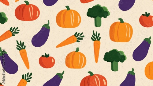 Seamless pattern featuring various colorful produce items displayed against a light background
