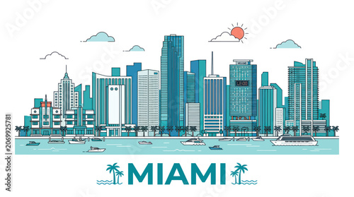 Konstfotografi Miami florida city skyline with skyscrapers and waterfront yachts