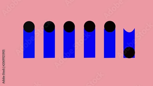 Abstract motion with moving black spheres and blue bars on pink background, motion animation geometric